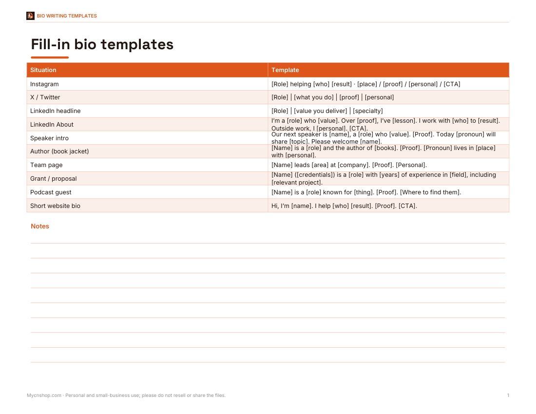 Preview of the first page of Bio templates (DOCX/PDF)