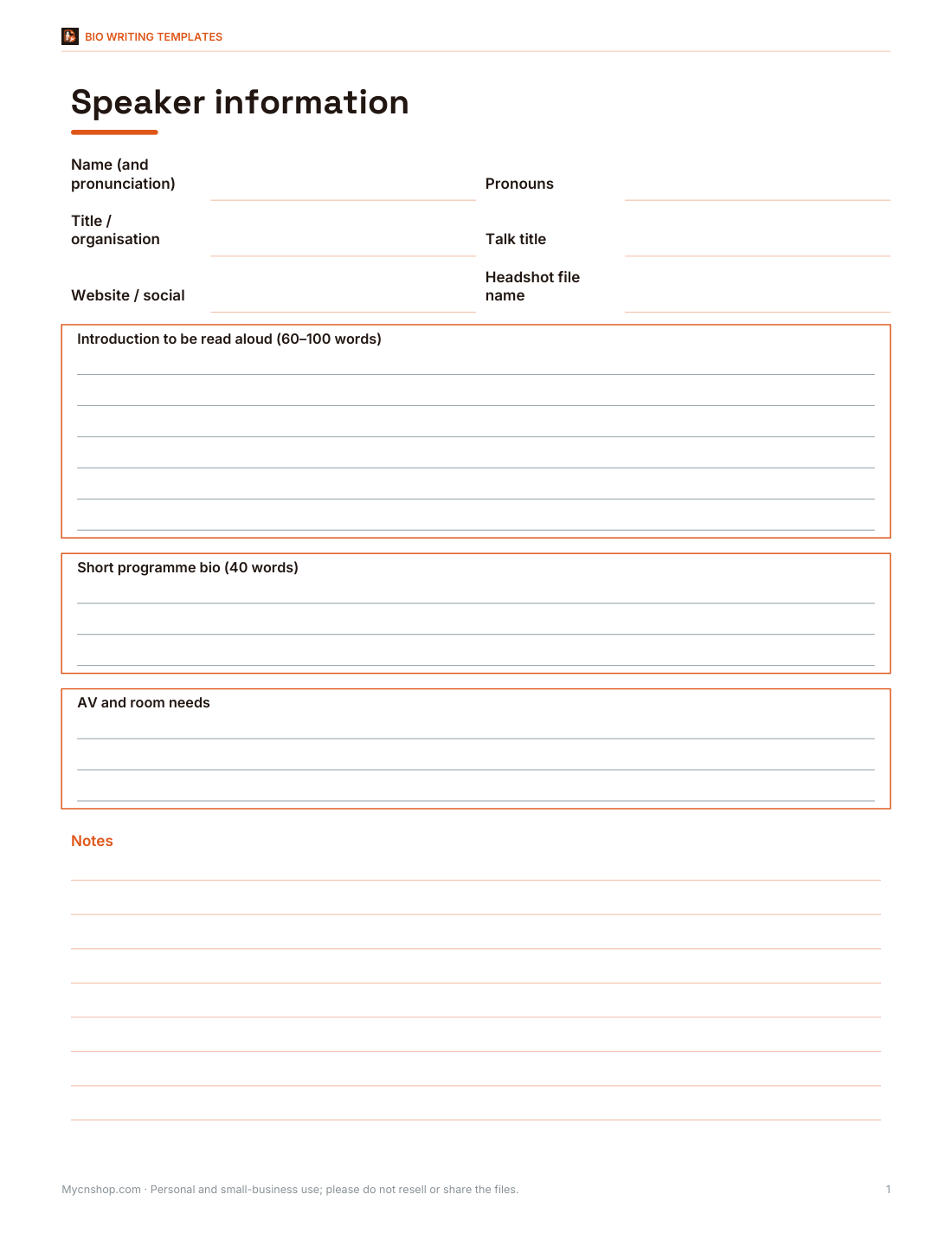 Preview of the first page of Speaker sheet (DOCX/PDF)